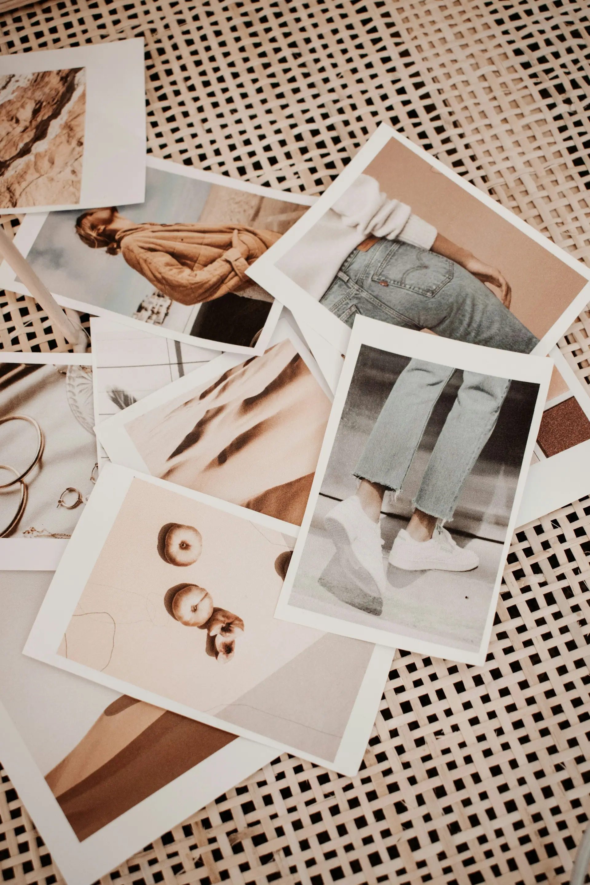 A neutral fashion-inspired moodboard with fabric and tonal swatches.