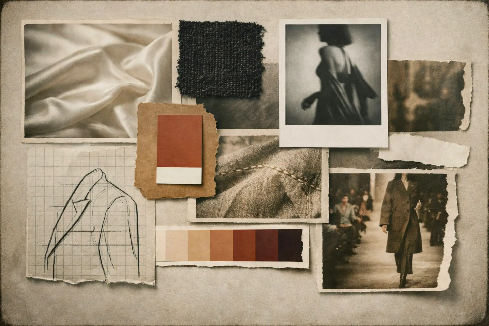 A creative direction moodboard combining textures and tonal references.